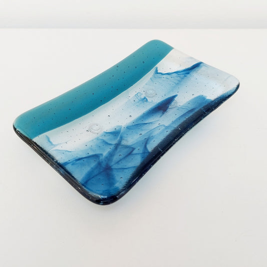 Ocean Glass Art Soap Dish, Handmade Aventurine and Sea Blue Fused Glass Tray