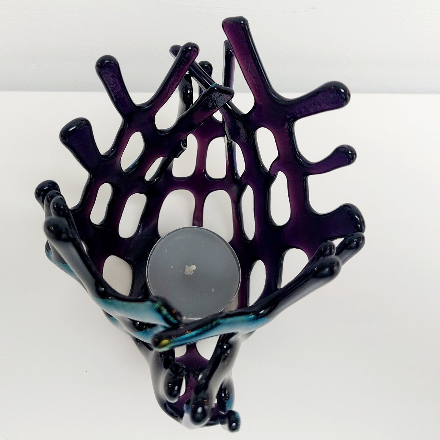 Handcrafted Iridescent Amethyst Glass Basket, Asymmetrical Coral Vase, Art Sculpture