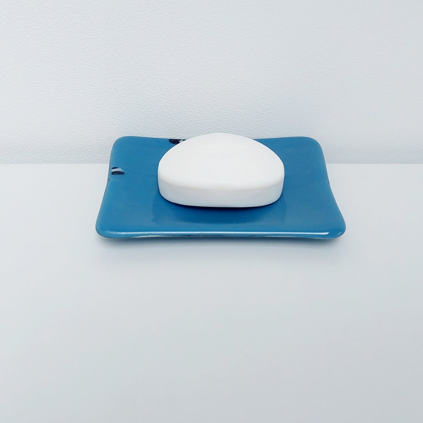 Denim Blue Glass Dish with an Abstract Black and White Design