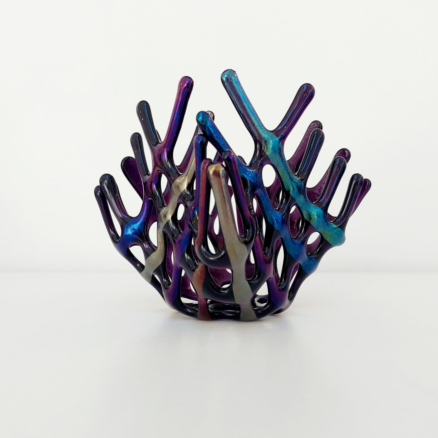 Handcrafted Iridescent Amethyst Glass Basket, Asymmetrical Coral Vase, Art Sculpture