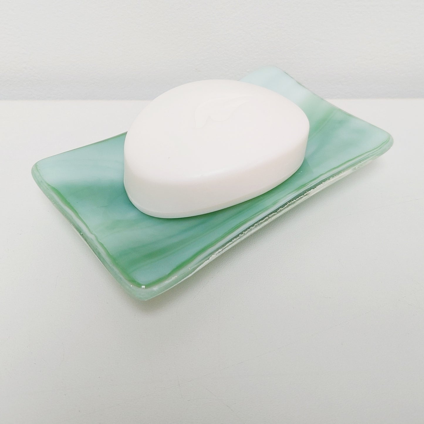 Prelude to Spring Glass Art Dish, Handmade Light Green & White Soap Tray