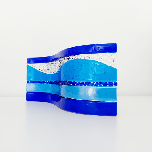 Blue Glass Art Wave, Handcrafted Turquoise and Cobalt Blue Mantlepiece Ornament