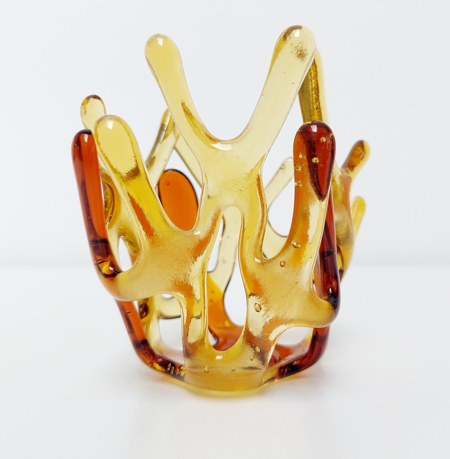 Amber Glass Tealight Holder, Small Glass Art Sculpture, Amber Décor