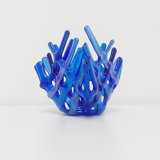Handcrafted Iridescent Blue Glass Basket, Asymmetrical Coral Vase, Art Sculpture