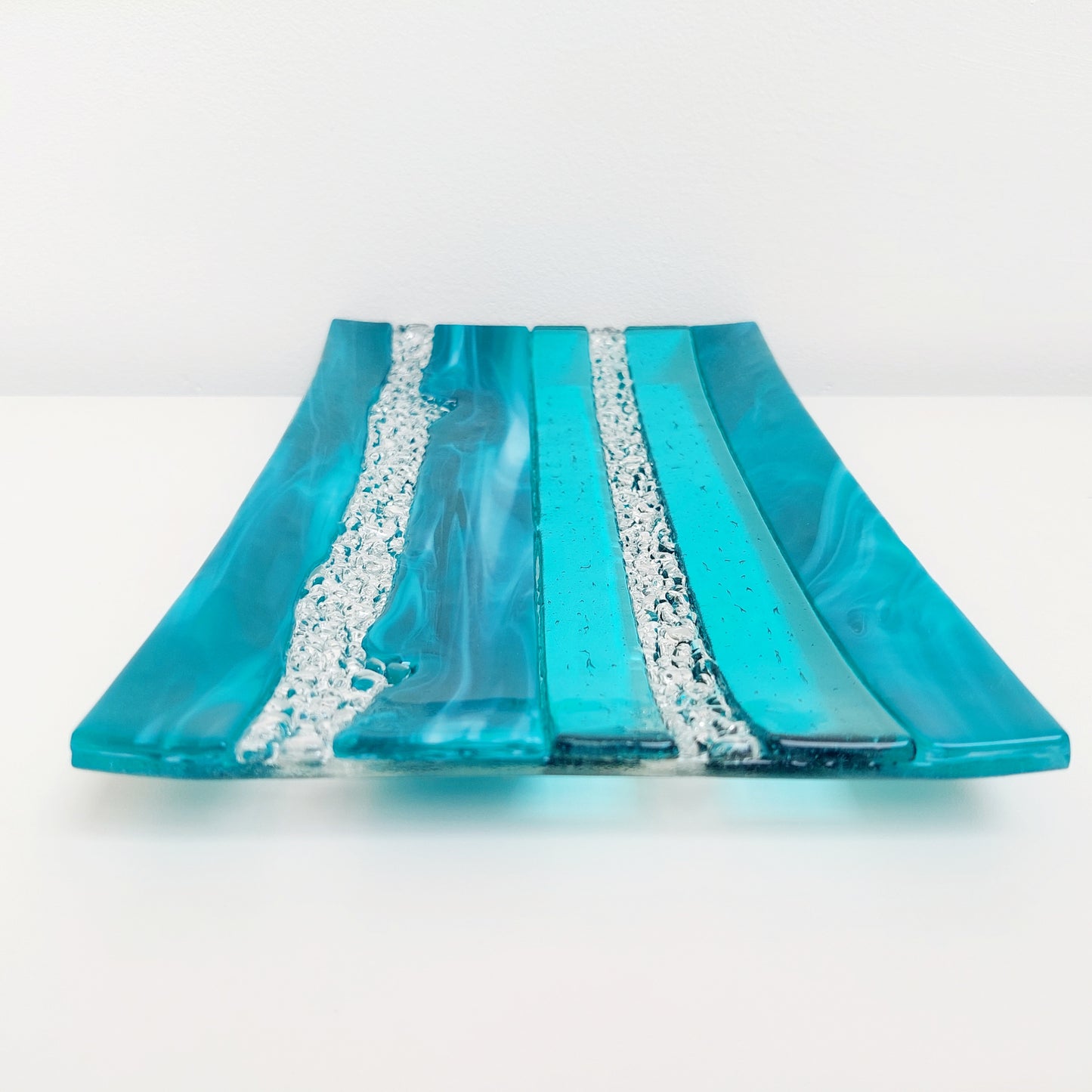 Teal and Aqua Glass Art Plate, Handcrafted Decorative Tray