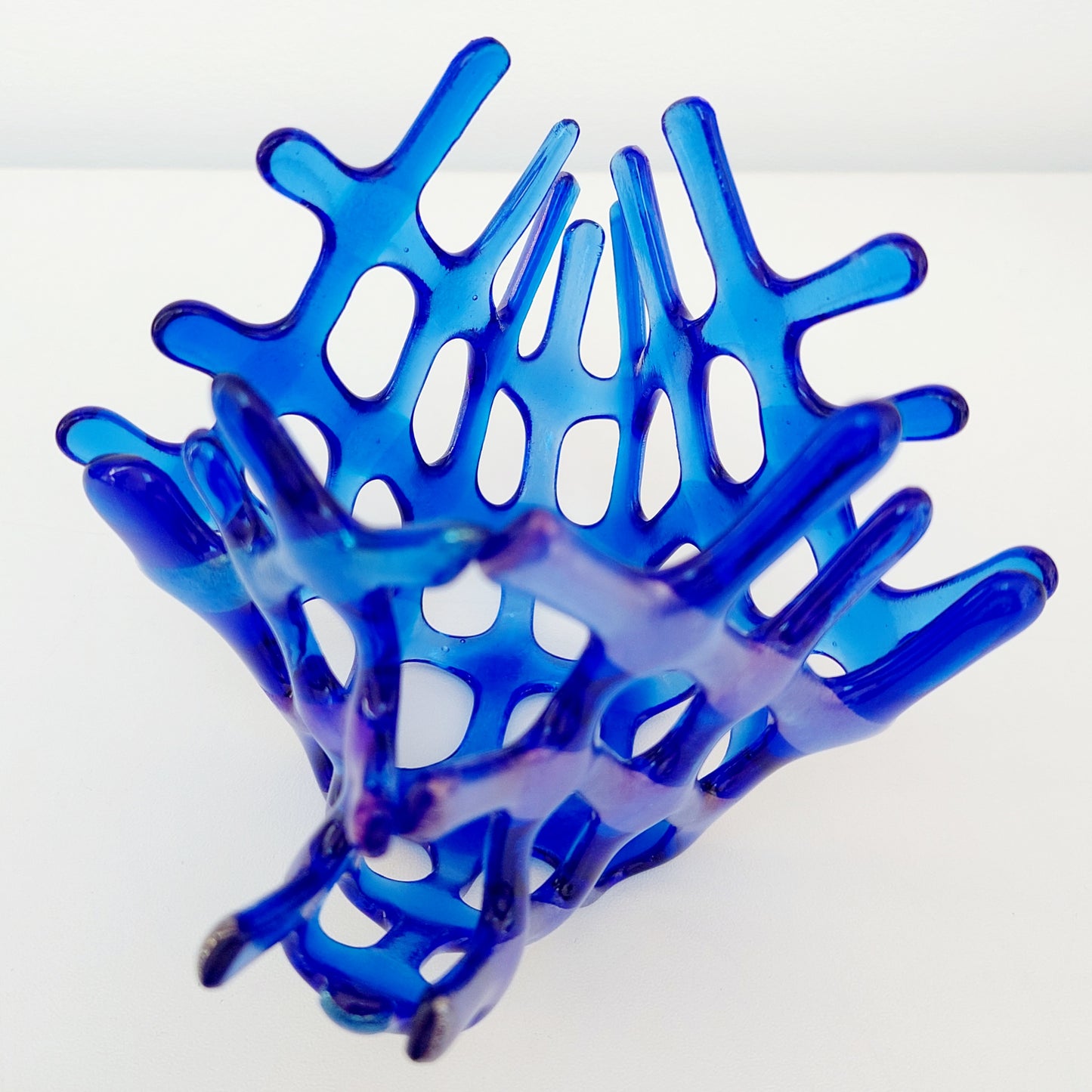Handcrafted Iridescent Blue Glass Basket, Asymmetrical Coral Vase, Art Sculpture