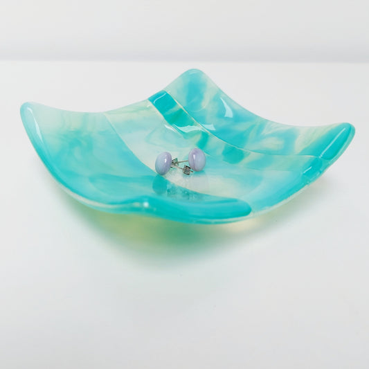 Rydal Water Glass Art Trinket Dish, Handmade Opaline Green and Teal Bedside Table Jewellery Bowl, Natural Green Bedroom Décor, Artisan Gift