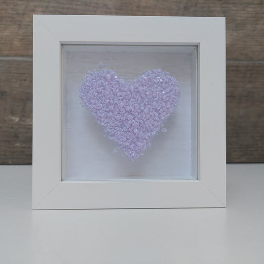 Framed Lilac Glass Heart, Freestanding Picture, Light Purple Wall Decor