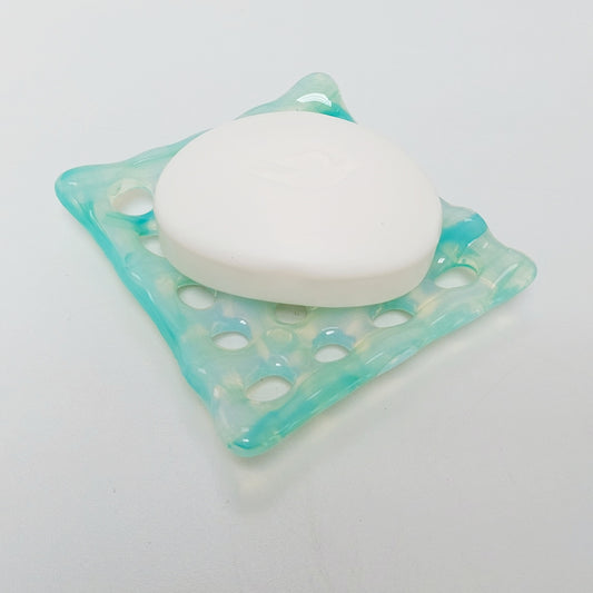 Rydal Water Glass Soap Dish with Holes, Handcrafted Light Green Soap Tray