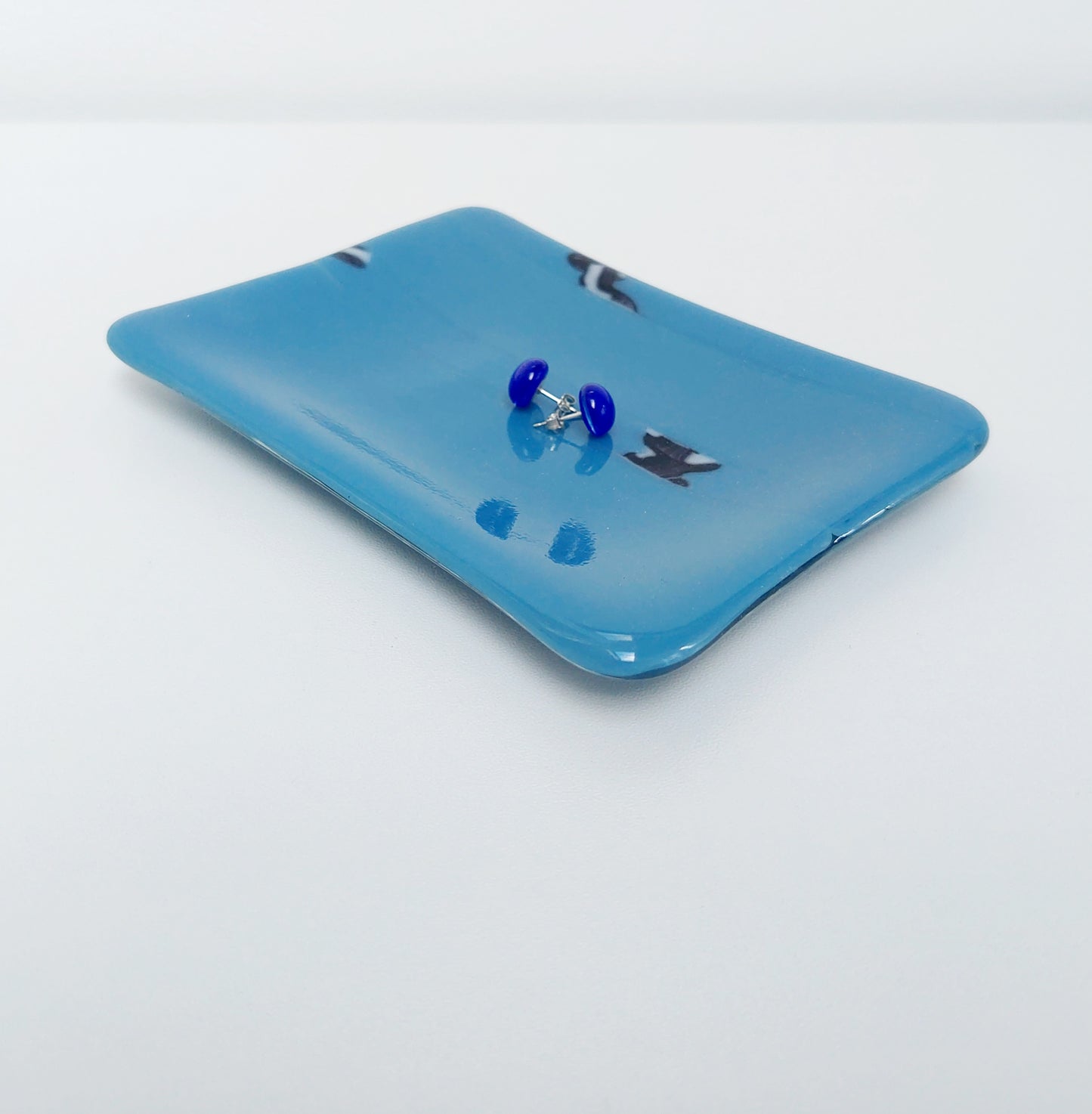 Denim Blue Glass Dish with an Abstract Black and White Design