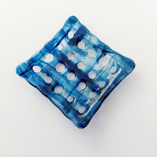Coniston Water Glass Soap Dish with Holes Handcrafted in the Lake District | Blue Bathroom Decor