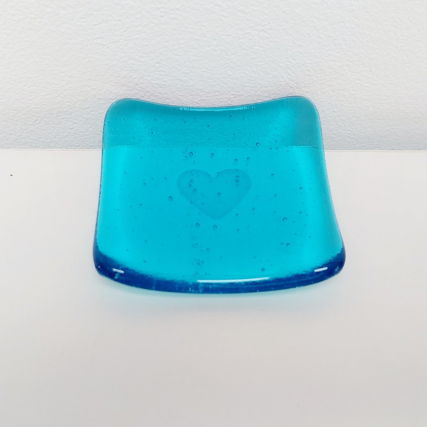 Turquoise Glass Heart Ring Dish, Small Handmade Fused Glass Trinket Dish