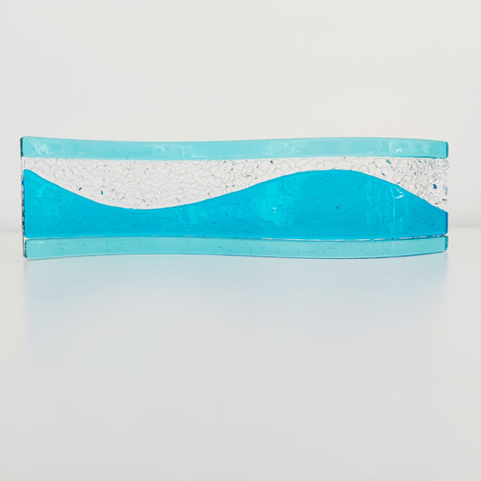 Turquoise and Aqua Glass Ornament, Handmade Textured Glass Art Wave, Freestanding Glass Panel, Turquoise Shelf Ornament, Beach House Décor
