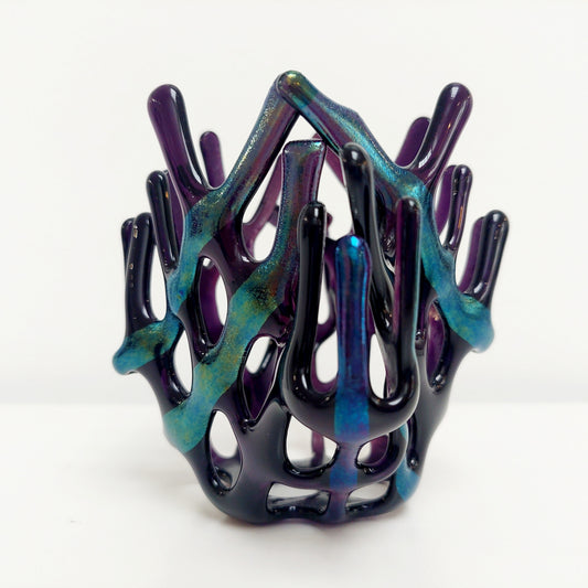 Handcrafted Iridescent Amethyst Glass Basket, Asymmetrical Coral Vase, Art Sculpture