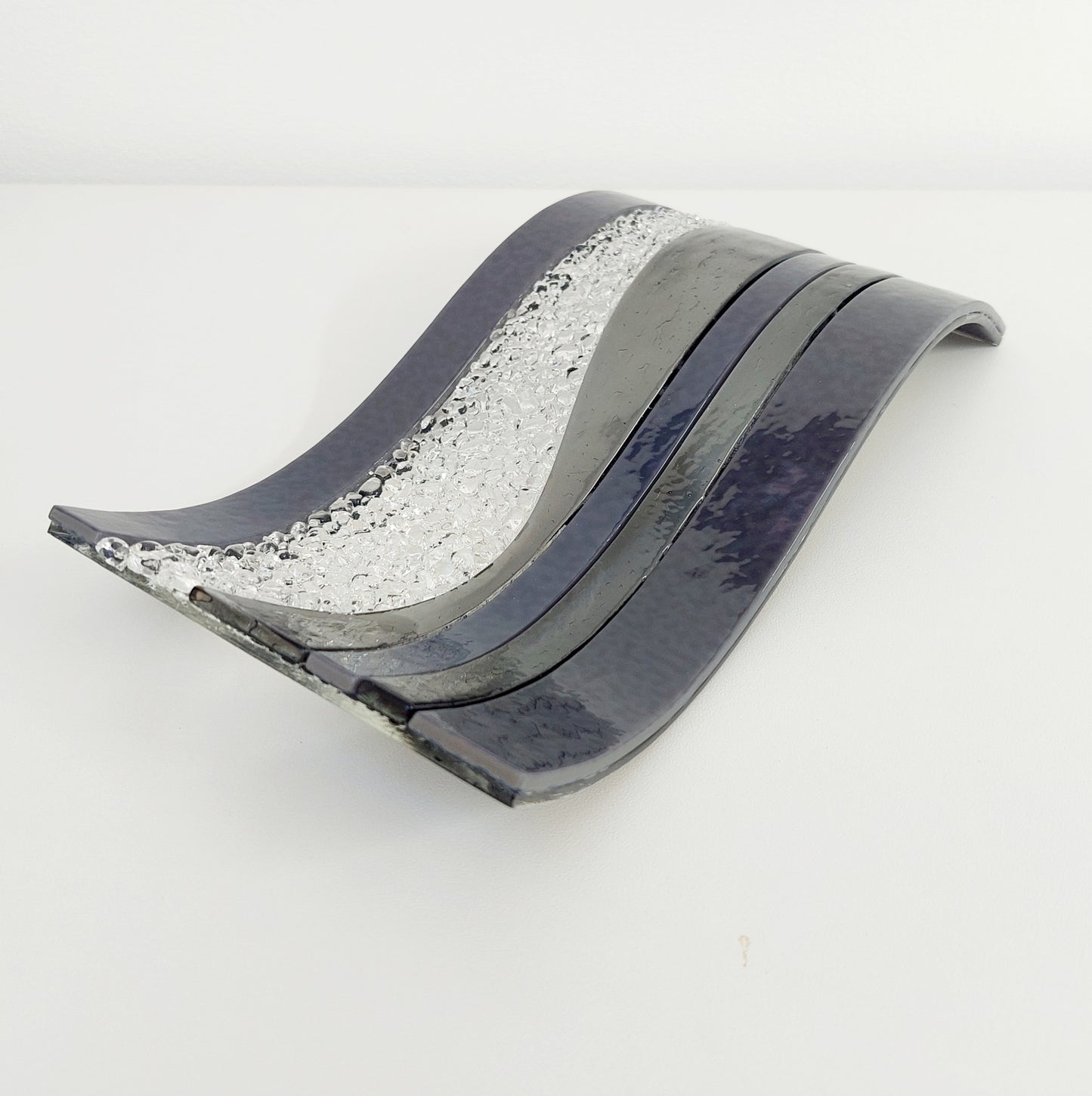 Contemporary Grey Glass Wave Sculpture, Monochrome Decor