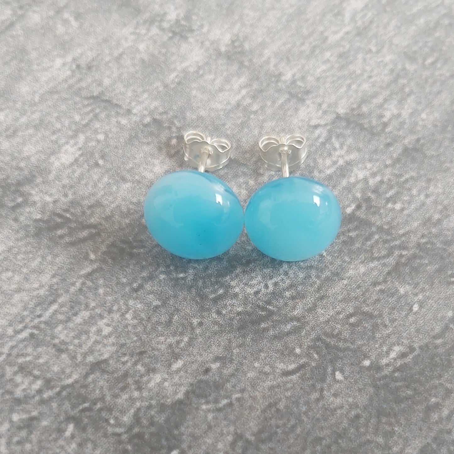 Pastel Turquoise Glass Art Stud Earrings, Small Handmade Blue Fused Glass Studs with Sterling Silver Posts and Butterflies