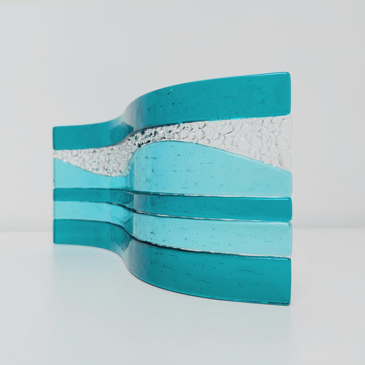 Aqua and Teal Glass Wave, Artisanal Fused Glass Ornament, Freestanding Textured Glass Art Panel, Teal Living Room Décor, Lake District Glass