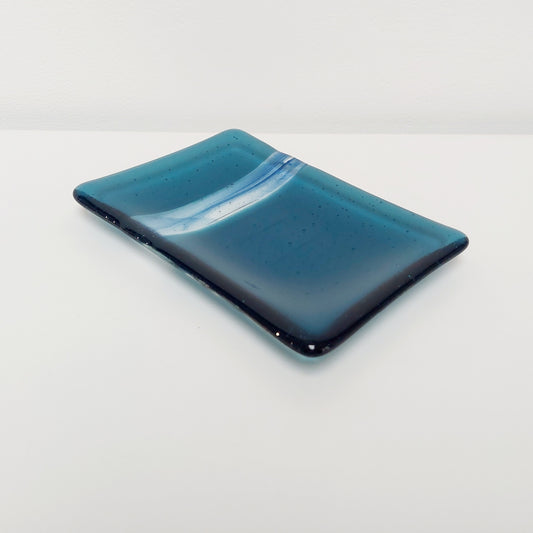 Ocean Glass Art Soap Tray, Handmade Aventurine and Sea Blue Fused Glass Dish