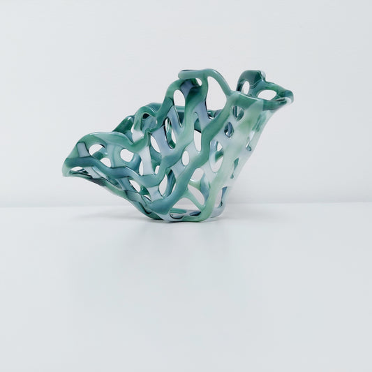Green & White Glass Sculpture, Asymmetrical Basket, Winter in the Lakes Collection