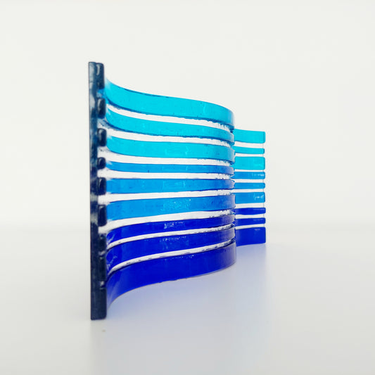 Blue Fused Glass Art Ornament, Freestanding Wavy Glass Panel, Blue Home Décor, Handmade Blue Living Room Ornament, Blue Bathroom Ornament