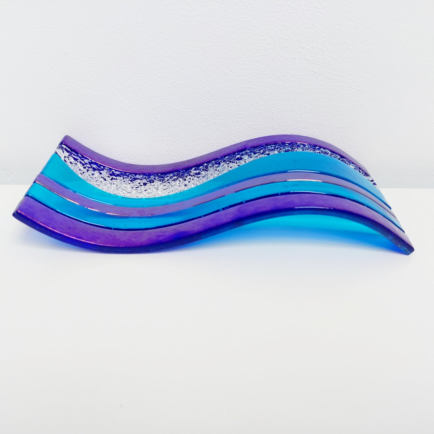 Handcrafted Blue Glass Art Ornament, Lake Windermere Inspired Freestanding Wave | S Curve