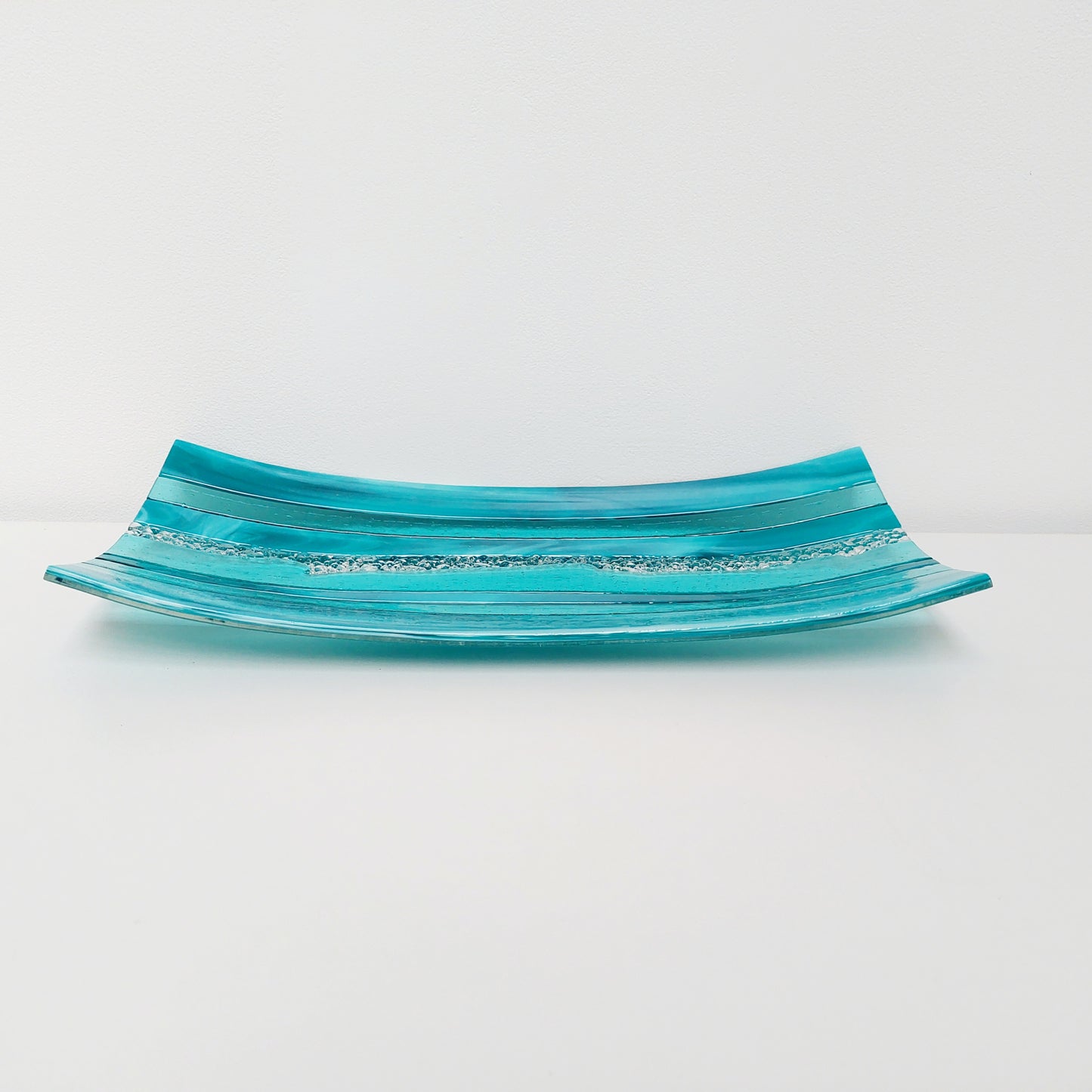 Teal and Aqua Glass Art Plate, Large Handmade Fused Glass Decorative Tray