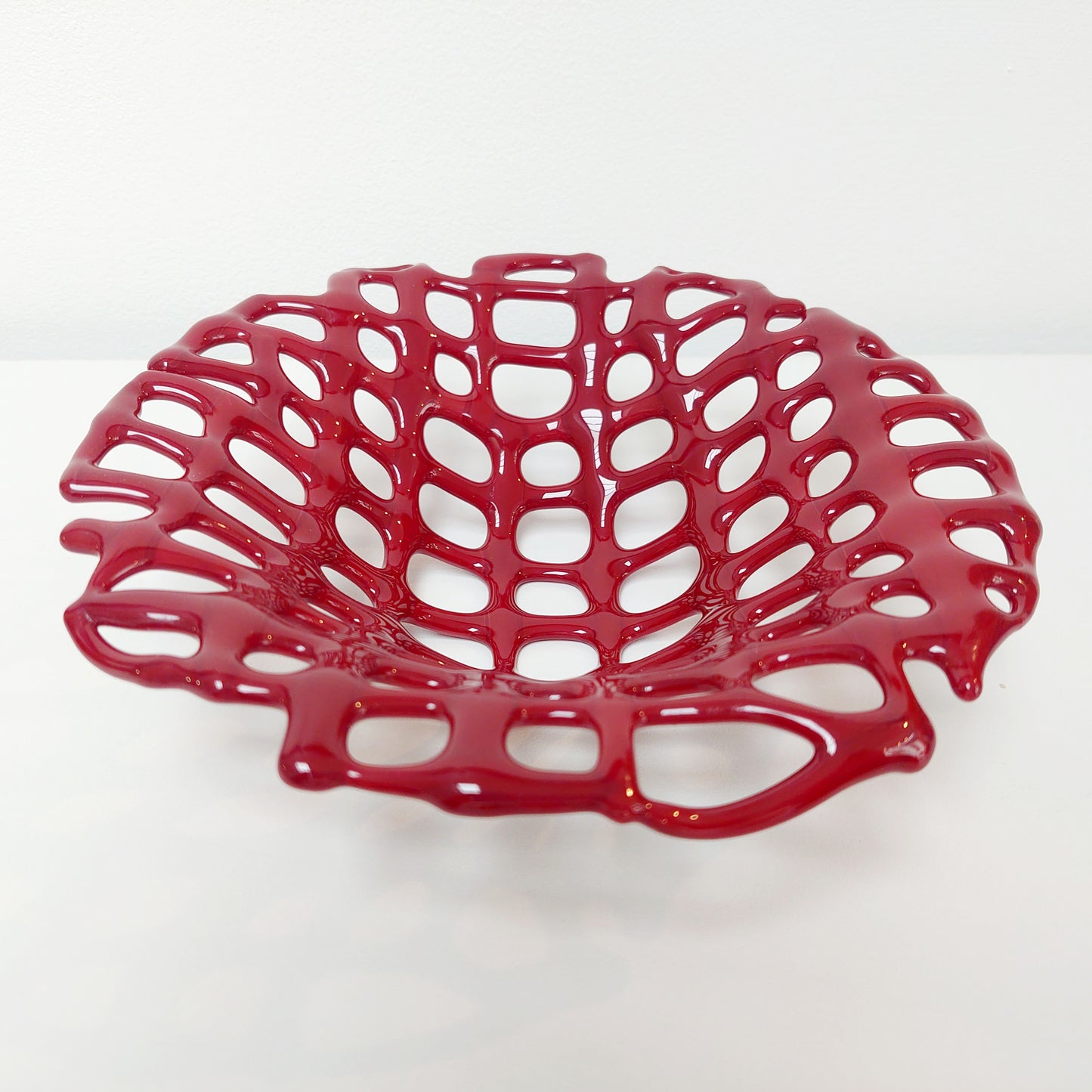 Dark Red Glass Coral Bowl, Organic Kiln Formed Sculptural Basket