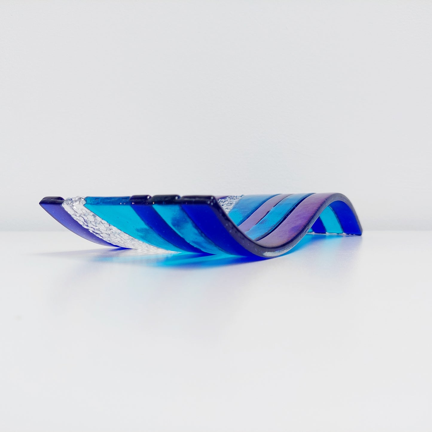 Handcrafted Blue Glass Art Ornament, Lake Windermere Inspired Freestanding Wave | S Curve