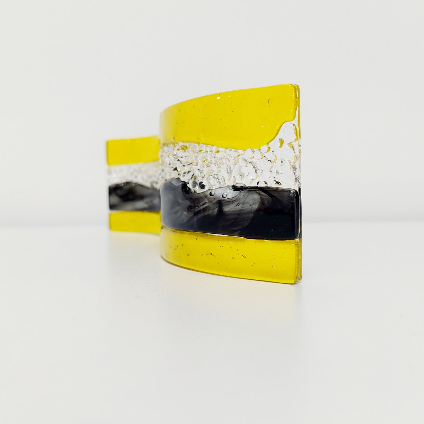 November Sunshine Glass Art Wave, Yellow and Black Sculpture