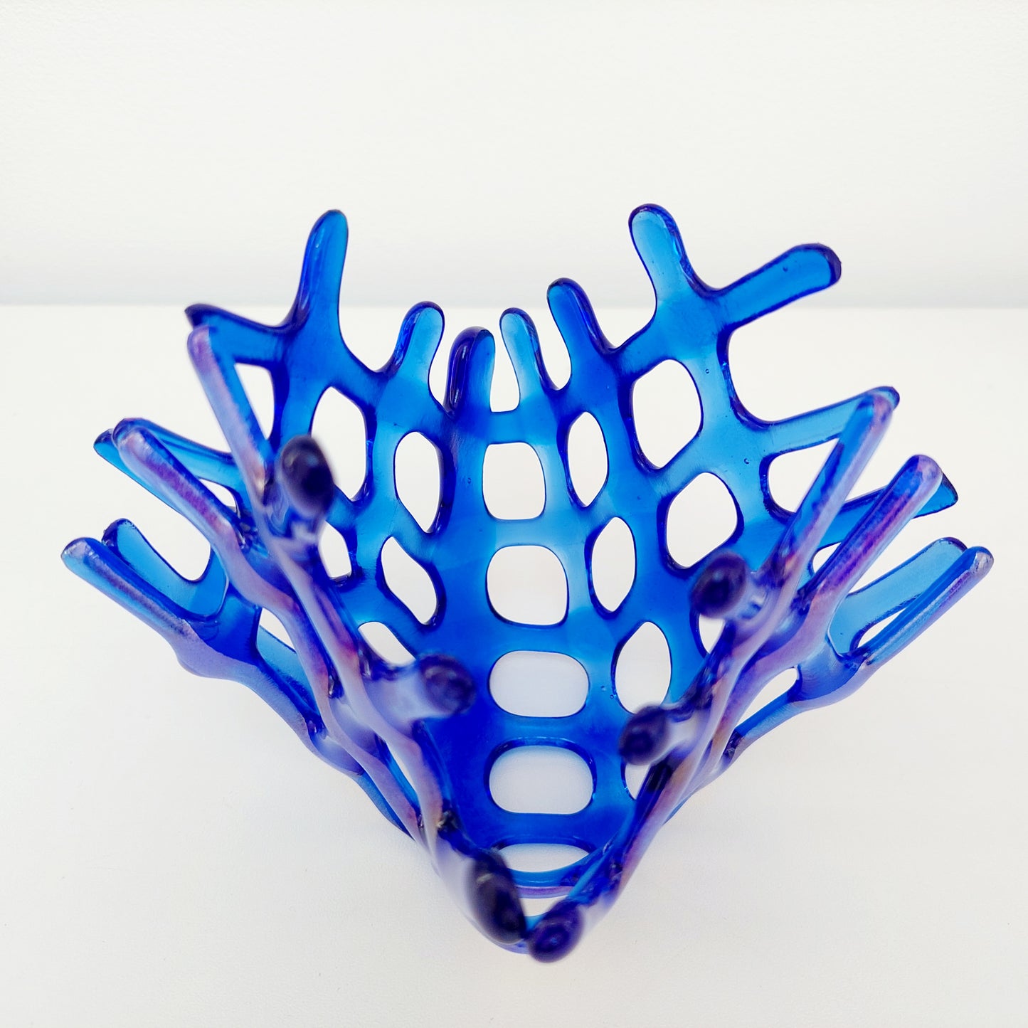 Handcrafted Iridescent Blue Glass Basket, Asymmetrical Coral Vase, Art Sculpture