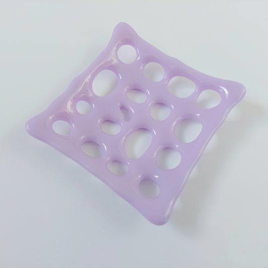 Pastel Lilac Glass Soap Dish with Holes, Handcrafted Light Purple Fused Glass Tray