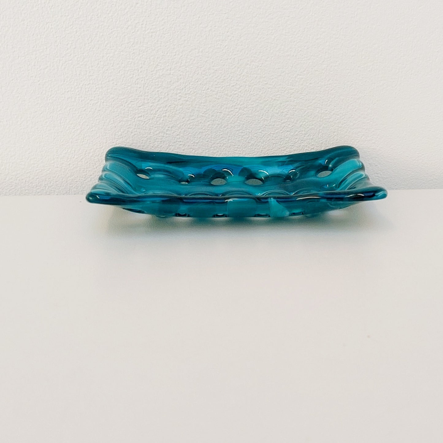 Rectangular Teal & Aqua Glass Soap Dish with Holes