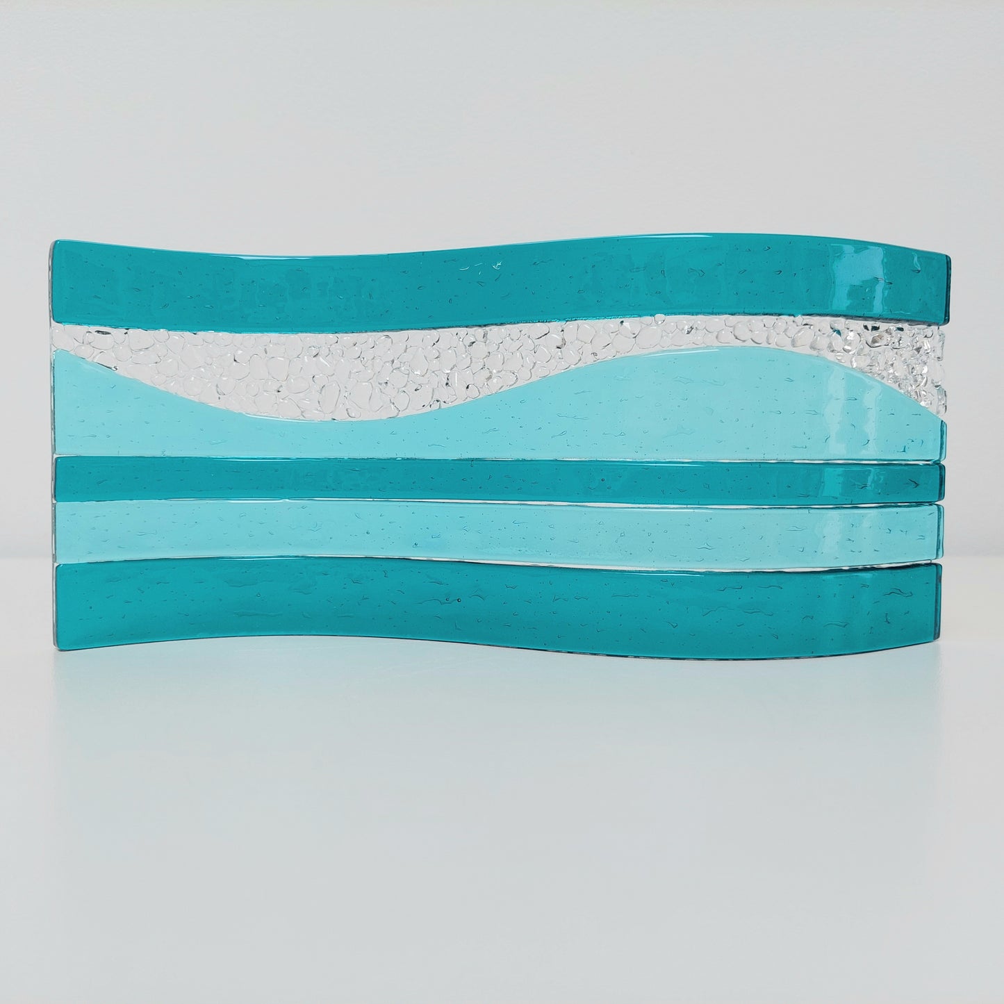Aqua and Teal Glass Wave, Artisanal Fused Glass Ornament, Freestanding Textured Glass Art Panel, Teal Living Room Décor, Lake District Glass