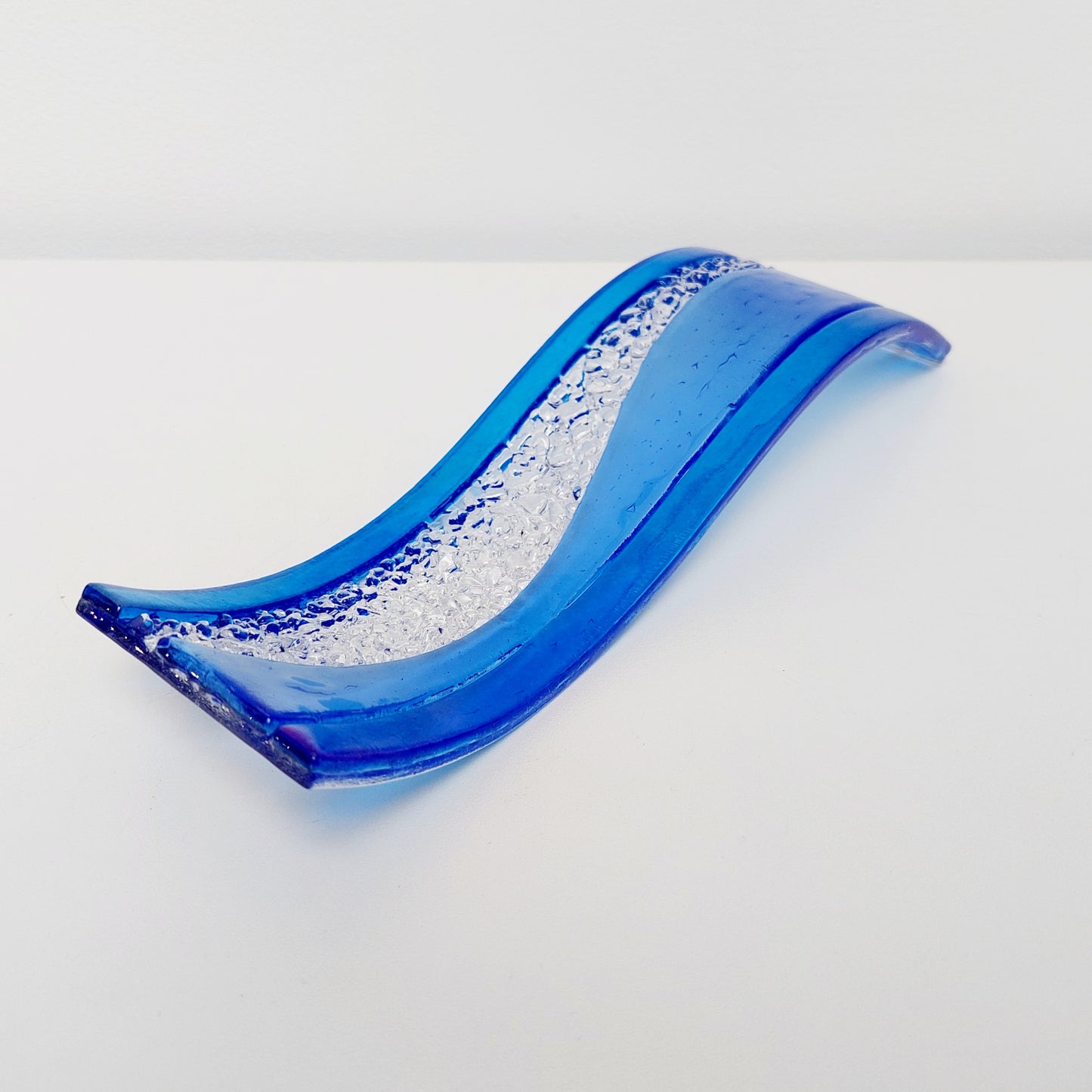 Sky Blue Glass Art Wave with Iridescent Royal Blue Accents