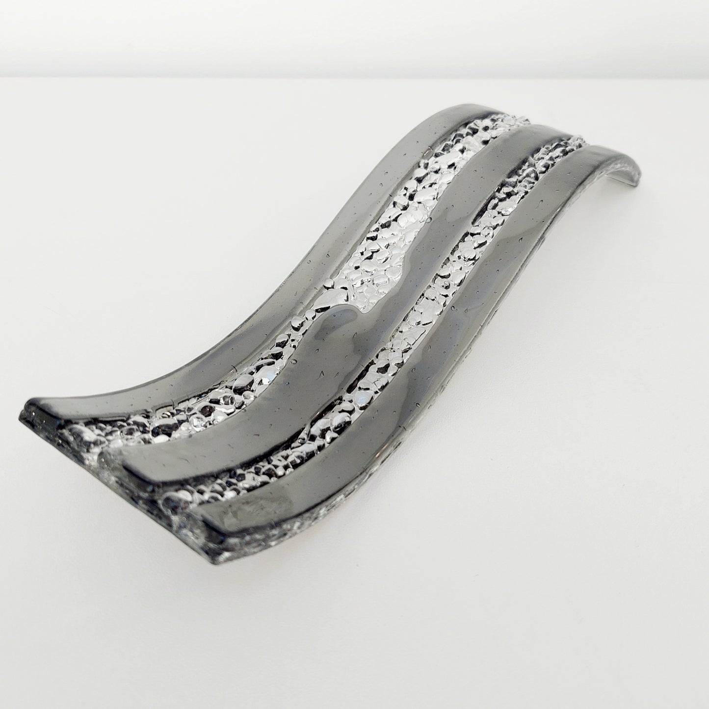 Silver Grey Glass Art Wave Handcrafted in the Lake District, Monochrome Ornament