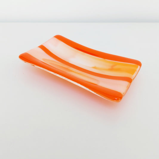 Orange Glass Art Soap Tray, Handmade Kiln Formed Glass Dish