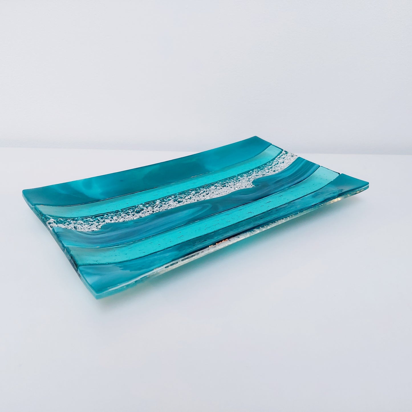Teal and Aqua Glass Art Plate, Handcrafted Decorative Tray
