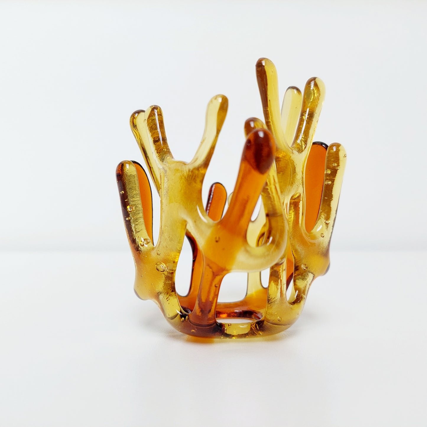 Amber Glass Tealight Holder, Small Glass Art Sculpture, Amber Décor