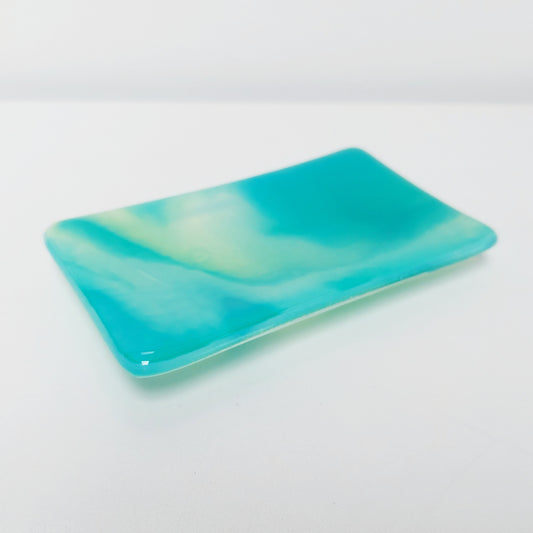 Rydal Water Glass Art Soap Dish, Handmade Opaline Green and Teal Fused Glass Dish, Natural Green Bathroom Décor