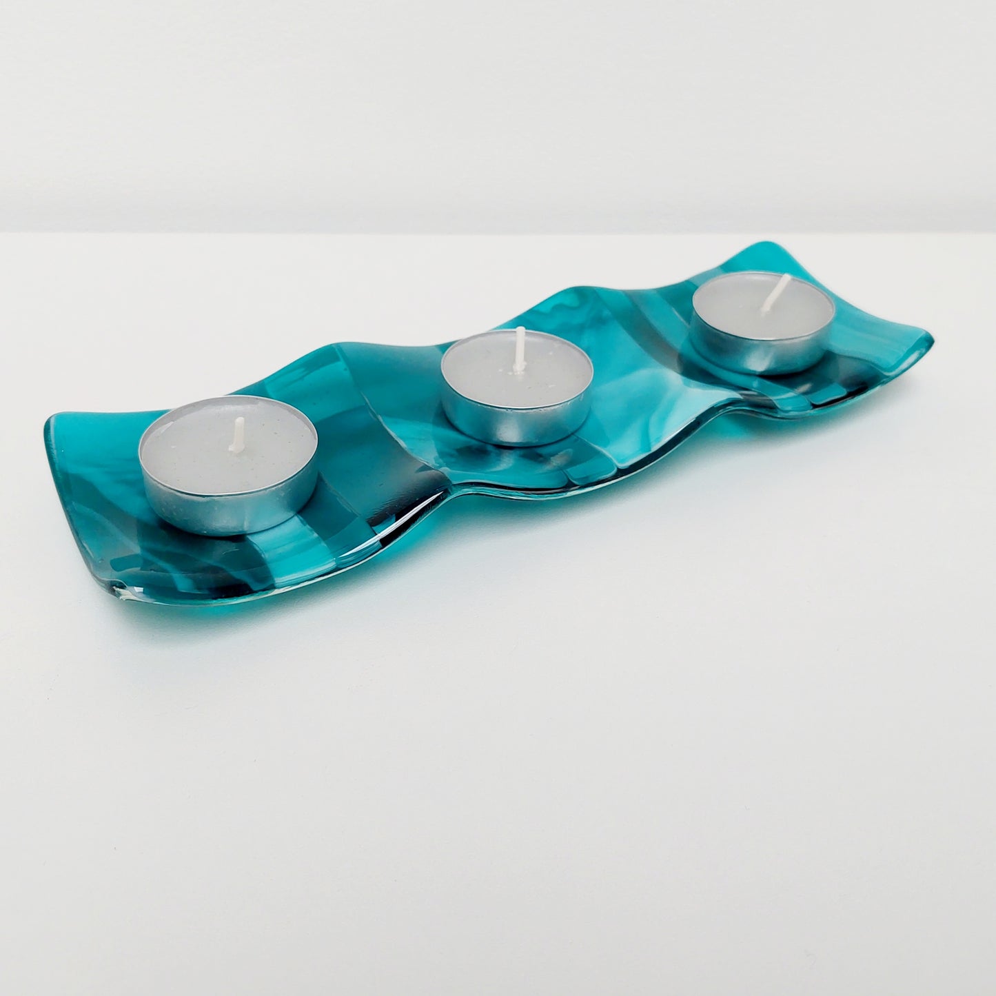 Handmade Teal Glass Candle Stand Kiln Formed in the Lake District