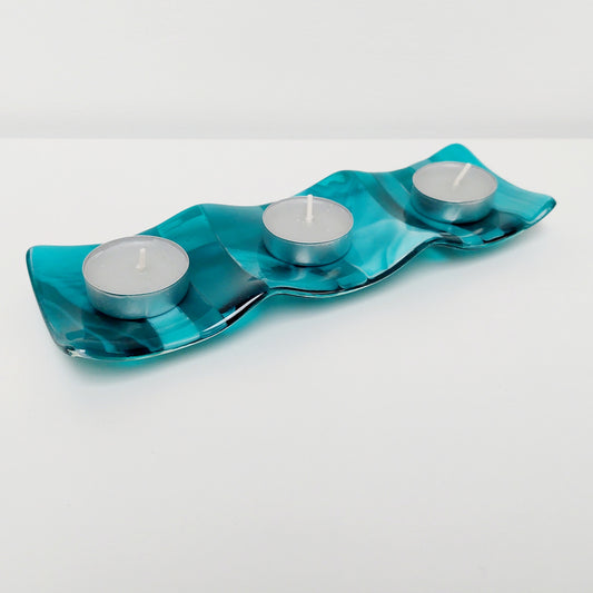 Handmade Teal Glass Candle Stand Kiln Formed in the Lake District
