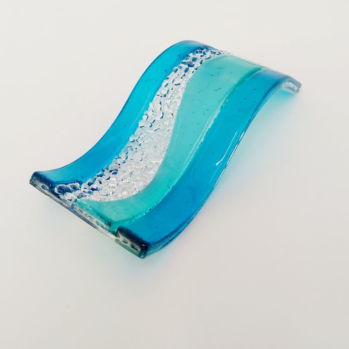 Derwent Water Glass Art Ornament, Small Aqua & Turquoise Fused Glass Wave