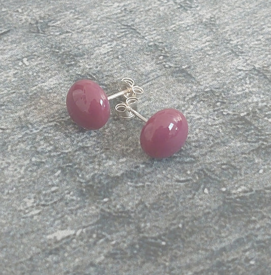 Rose Pink Fused Glass Stud Earrings with Sterling Silver Posts and Butterflies