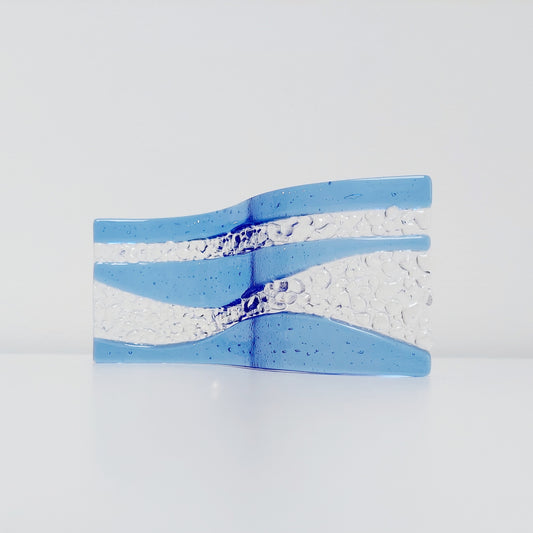 Handmade Sky Blue Glass Ornament, Small Textured Fused Glass Wave