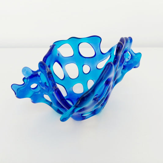 Blue Glass Art Basket, Handcrafted Turquoise and Royal Blue Fused Glass Coral Bowl, Woven Glass Living Room Shelf Ornament, Candle Holder