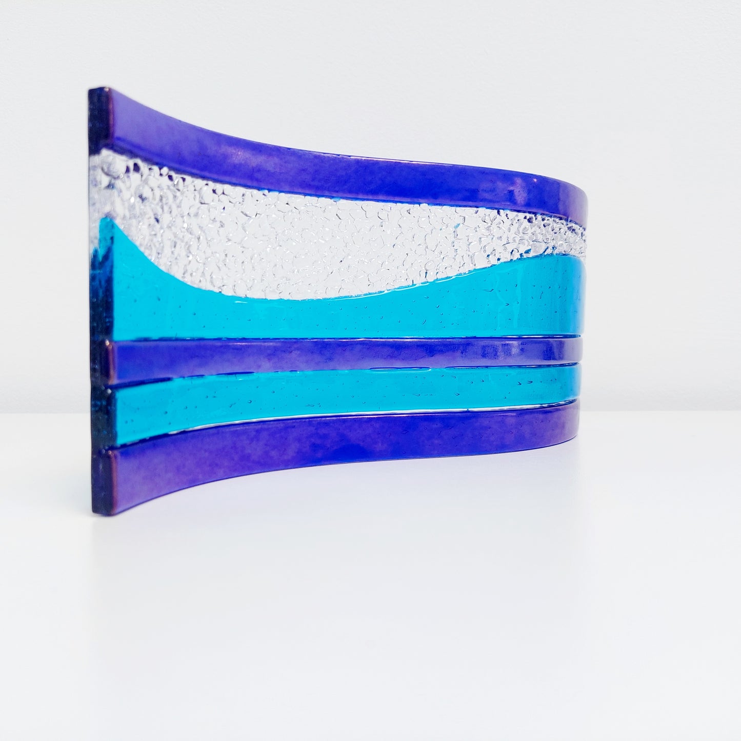 Handcrafted Blue Glass Art Ornament, Lake Windermere Inspired Freestanding Wave | S Curve