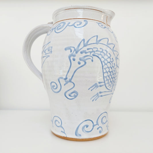 Large Blue & White Earthenware Jug with a Dragon Motif