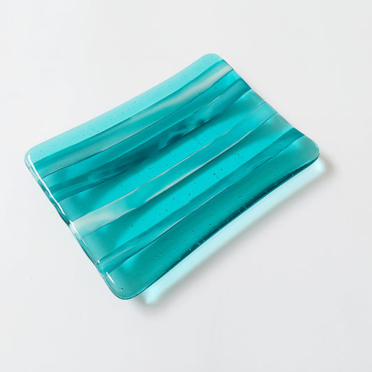 Aqua and Teal Glass Art Plate, Handcrafted Kiln Formed Trinket Dish