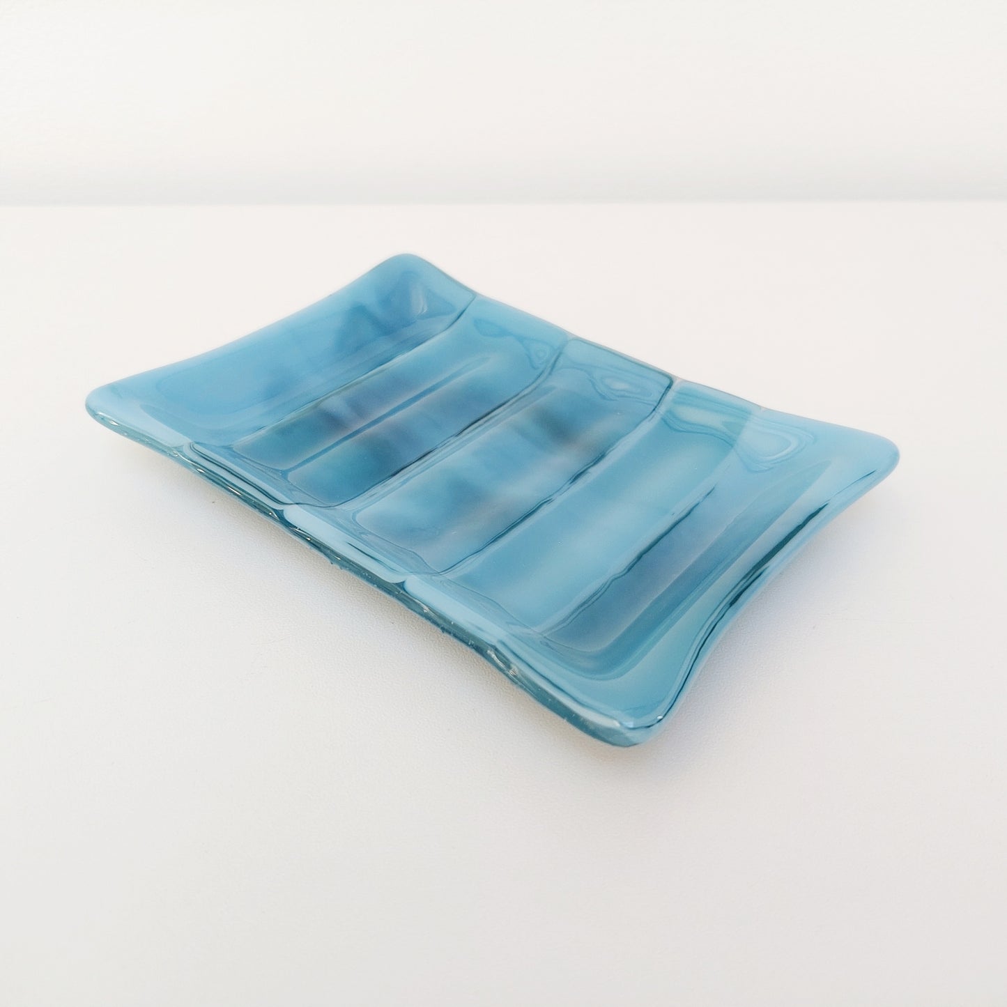 Derwent Water Glass Soap Dish with Ridges, Handmade Marine Blue Soap Tray