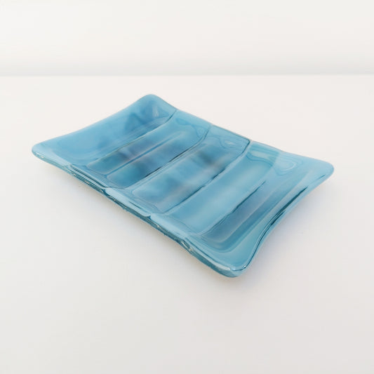 Derwent Water Glass Soap Dish with Ridges, Handmade Marine Blue Soap Tray